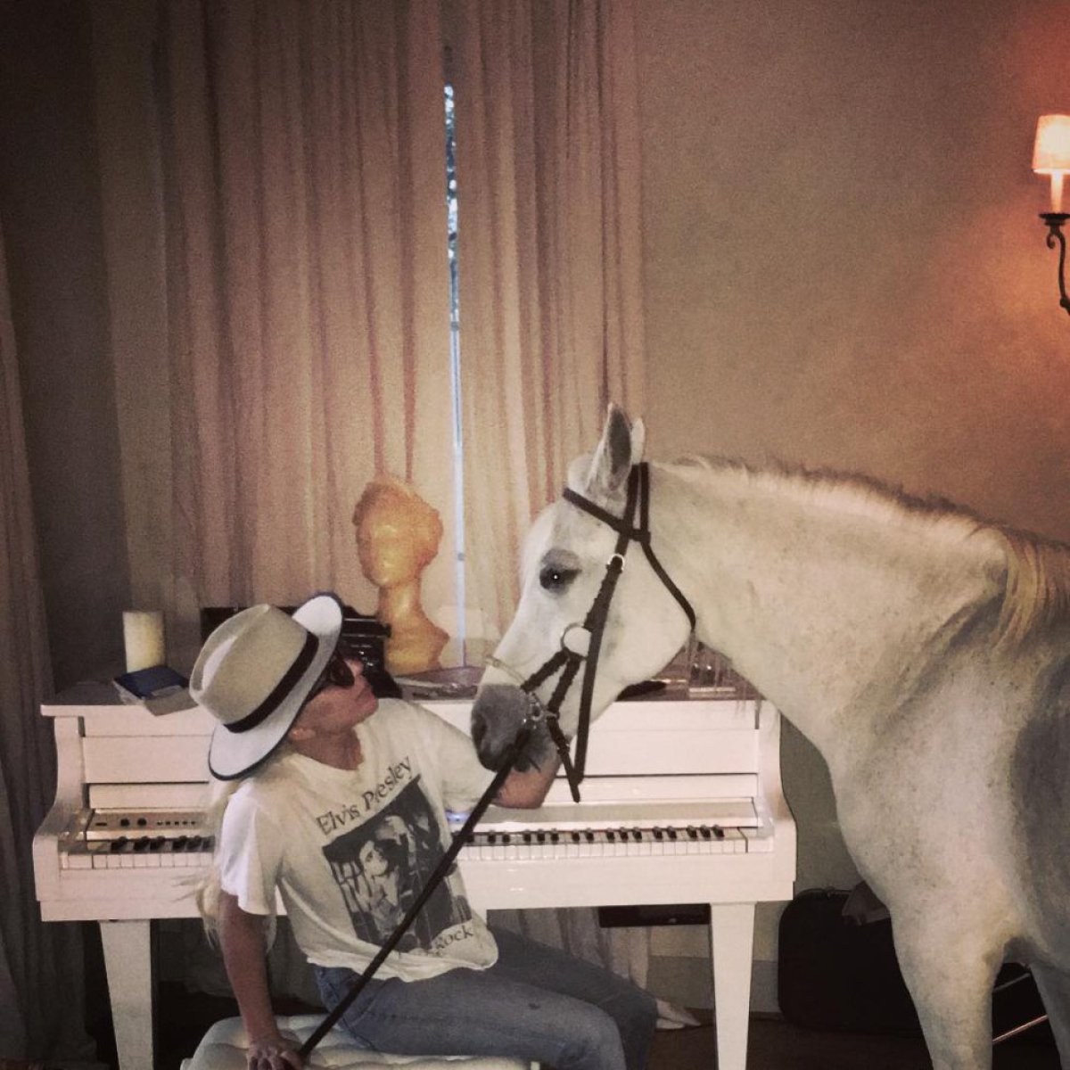 Lady Gaga, un caballo y una remera de Elvis
