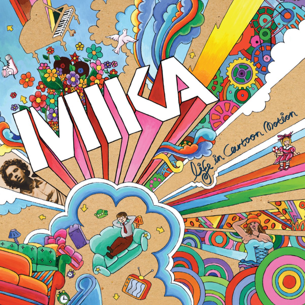 Y esta es la coloridísima tapa de 'Life in Cartoon Motion' de Mika